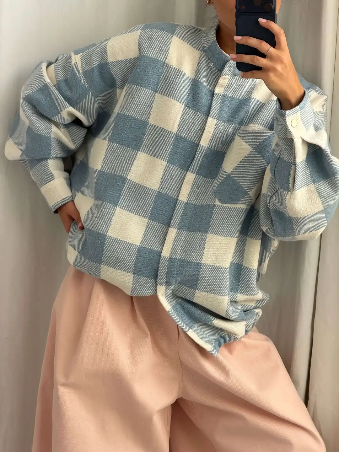 Blue Women Plaid Oversized Shirt Stand‑collar Long‑sleeve Blouse Ladies 2026 Spring‑autumn Casual Daily Loose Outer Short Coat