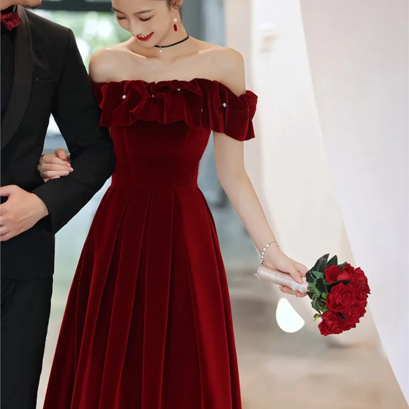 Wine red one-line shoulder toasting dress new bridal party