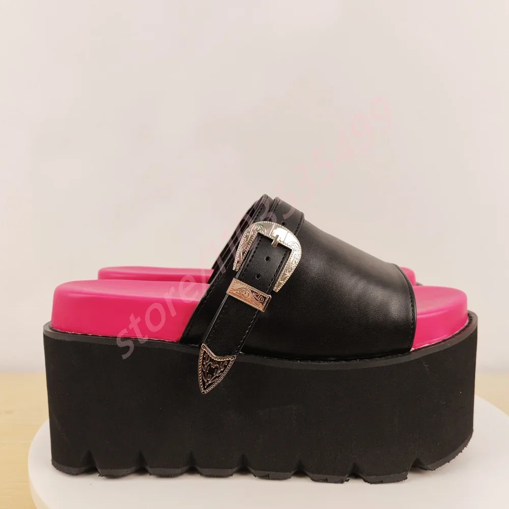 

Черные модные тапочки с пряжкой на толстой подошве, новинка лета 2025 года, слипоны с открытым носком, уличные пляжные повседневные вечерние туфли на высоком каблуке