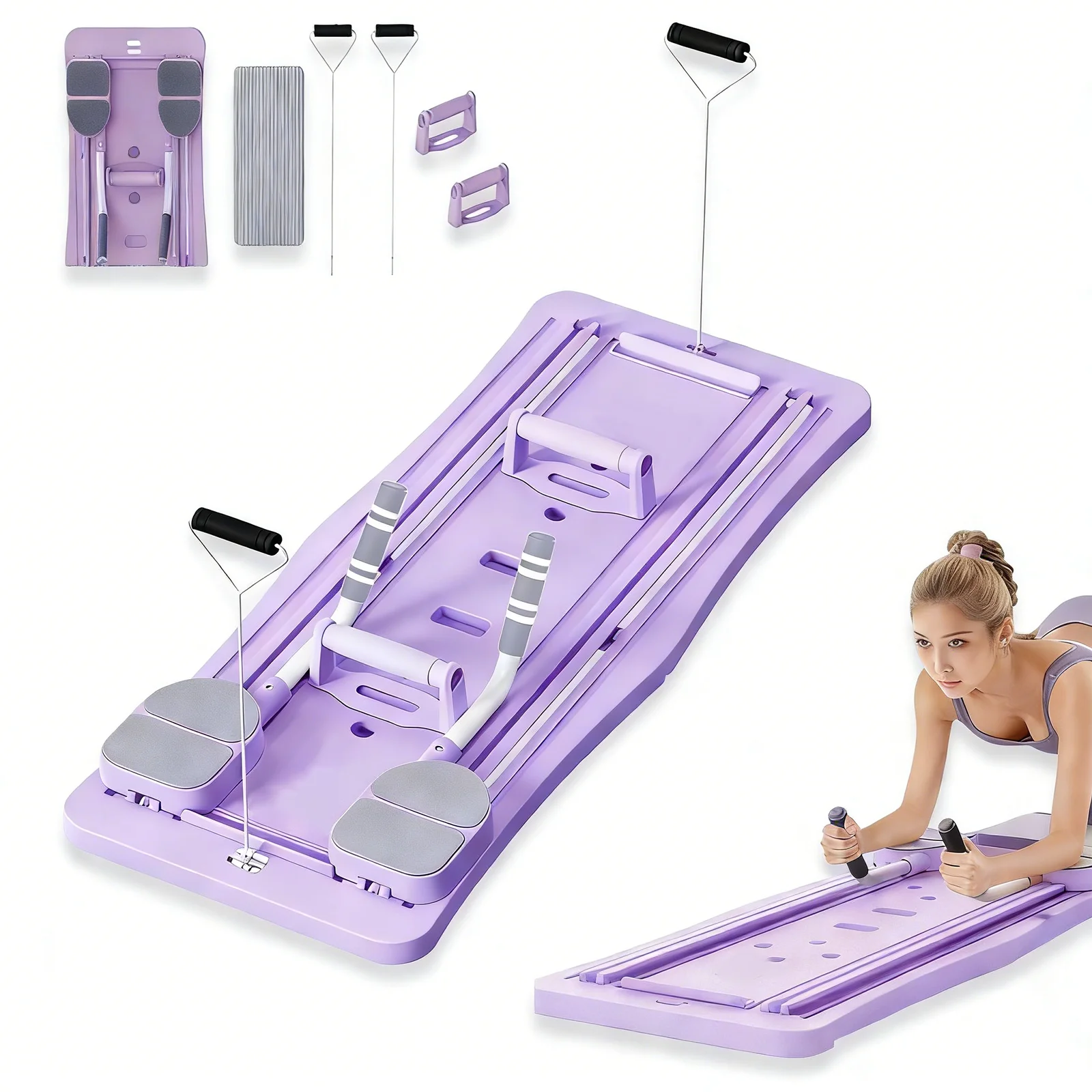 Multifunktionales, faltbares Core-Workout-Board mit Widerstandsbändern & Liegestützgriffen, All-in-One Bauchtrainer, gleitende Fitness-Plattform für Bauch-, Bein- und Armtraining, tragbares