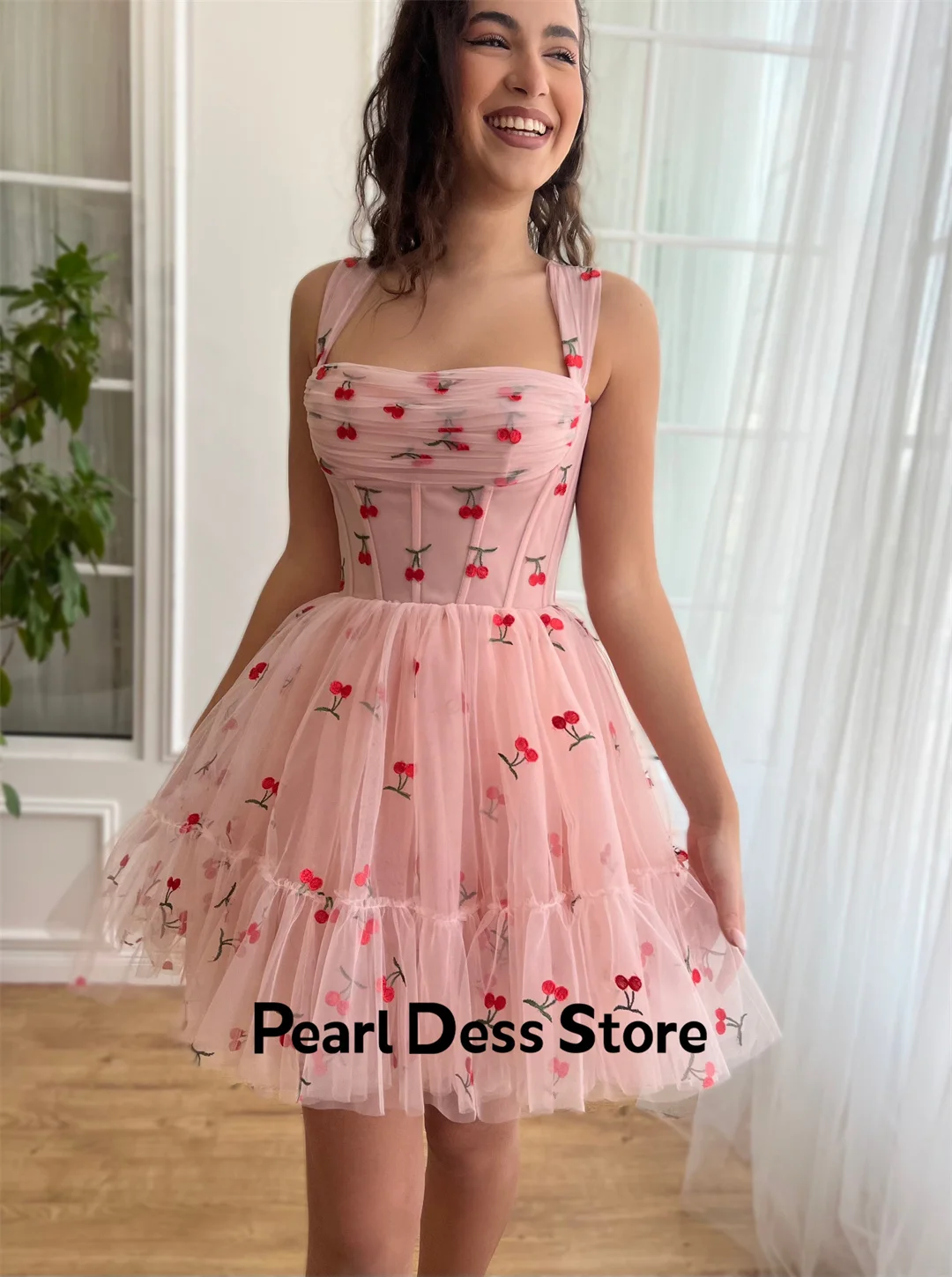 2024 Pink sheer cherry sleeveless knee length short skirt with back strap suitable for various occasions, ball and evening dress