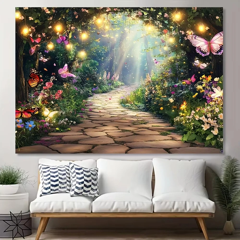 مسار مسحور نسيج الغابات السحرية حديقة جدار الفن مع الفراشات والزهور لتعزيز جمال المنزل