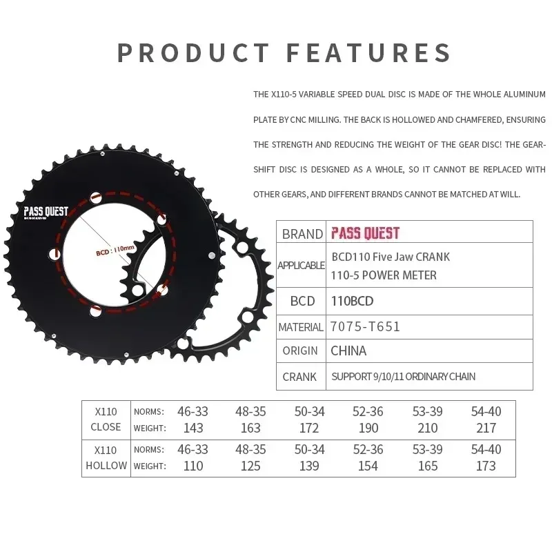 pass quest chainring 110 bcd For 5-Arm Crank Spider Power Meter 9 10 11 12S chains Road bike Closed / Hollow Double chainring