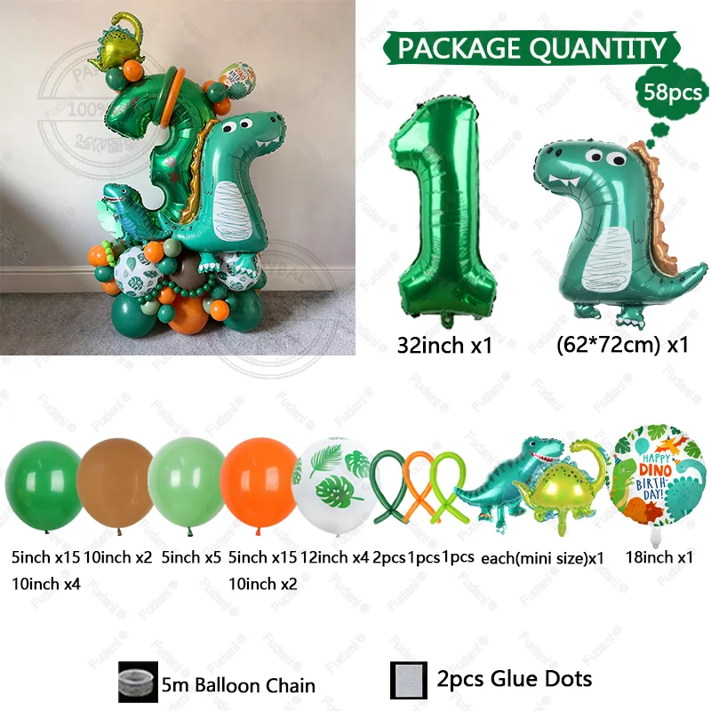 58 قطعة برج بالون الديناصور الأخضر الكرتوني مع 1-9 بالون أرقام خضراء لصبي ديناصور تحت عنوان حفلة عيد ميلاد لتقوم بها بنفسك زينة #4