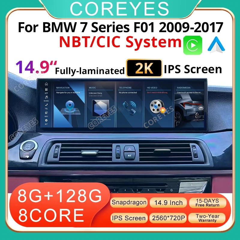 COREYES 14.9 Inch Car Android 14 Radio For BMW 7 Series F01 2009-2017 CIC NBT CarPlay Multimedia Stereo Player Wifi  Navi BT GPS