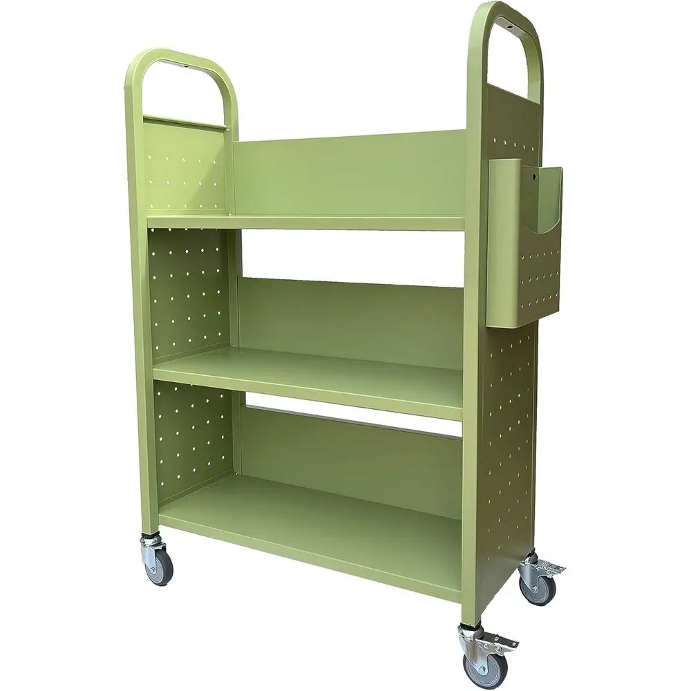 Carrito de Libros con Ruedas, 3 Estantes, Carrito de Libros con Ruedas Giratorias Bloqueables 3001 Verde