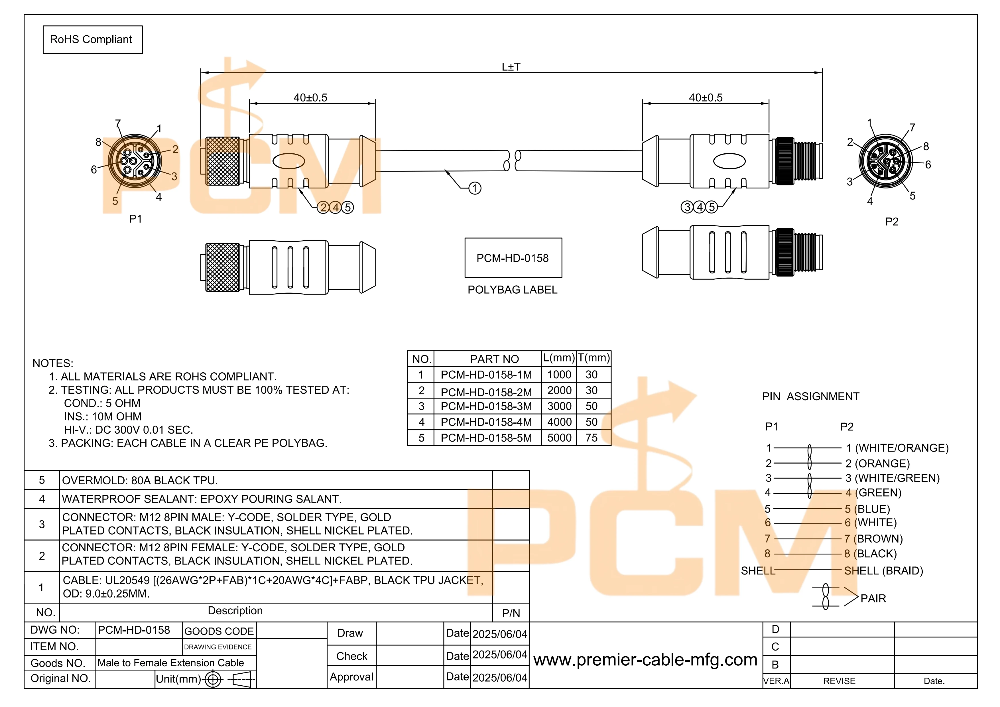 3M M12 8-Pin Y-Kodiertes Verlängerungskabel – Stecker auf Buchse, Löttyp, IP67, Strom- und Datenhybridkabel, für Industrielle Anwendungen – Detail 1