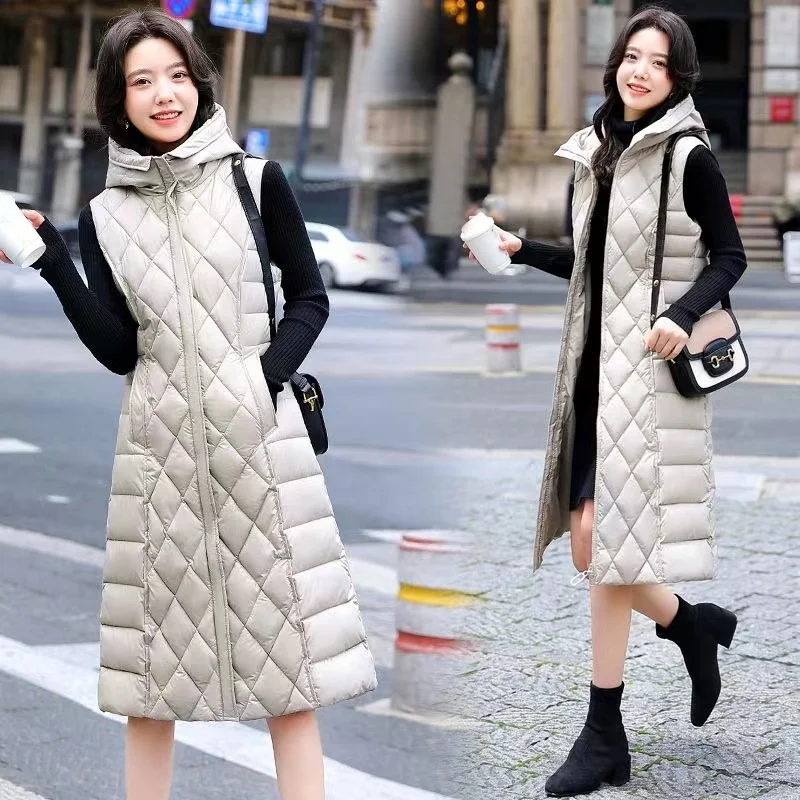 

Women's Casual Long Down Cotton Vest Winter Warm Waistcoat New Fashion Windproof Hooded Parka Female Overcoat Chaleco Mujer 4XL