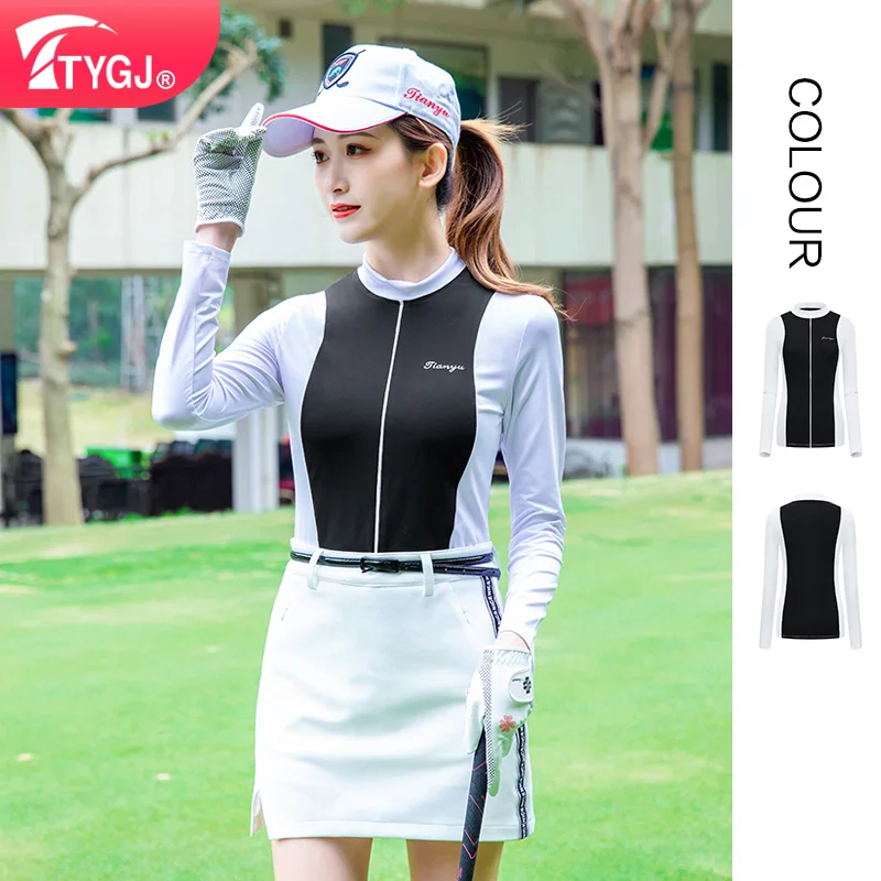 TTYGJ Autumn and Winter Golf Women's Clothing Slim Fit and Slimming Long Sleeved T-shirt Splicing Color Blocking Sports Base Top