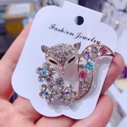 Colorful Shiny Rhinestone Fox Brooches for Women Long Tailed Animal Clothes Lapel Pin Badge Party Wedding Jewelry Gift