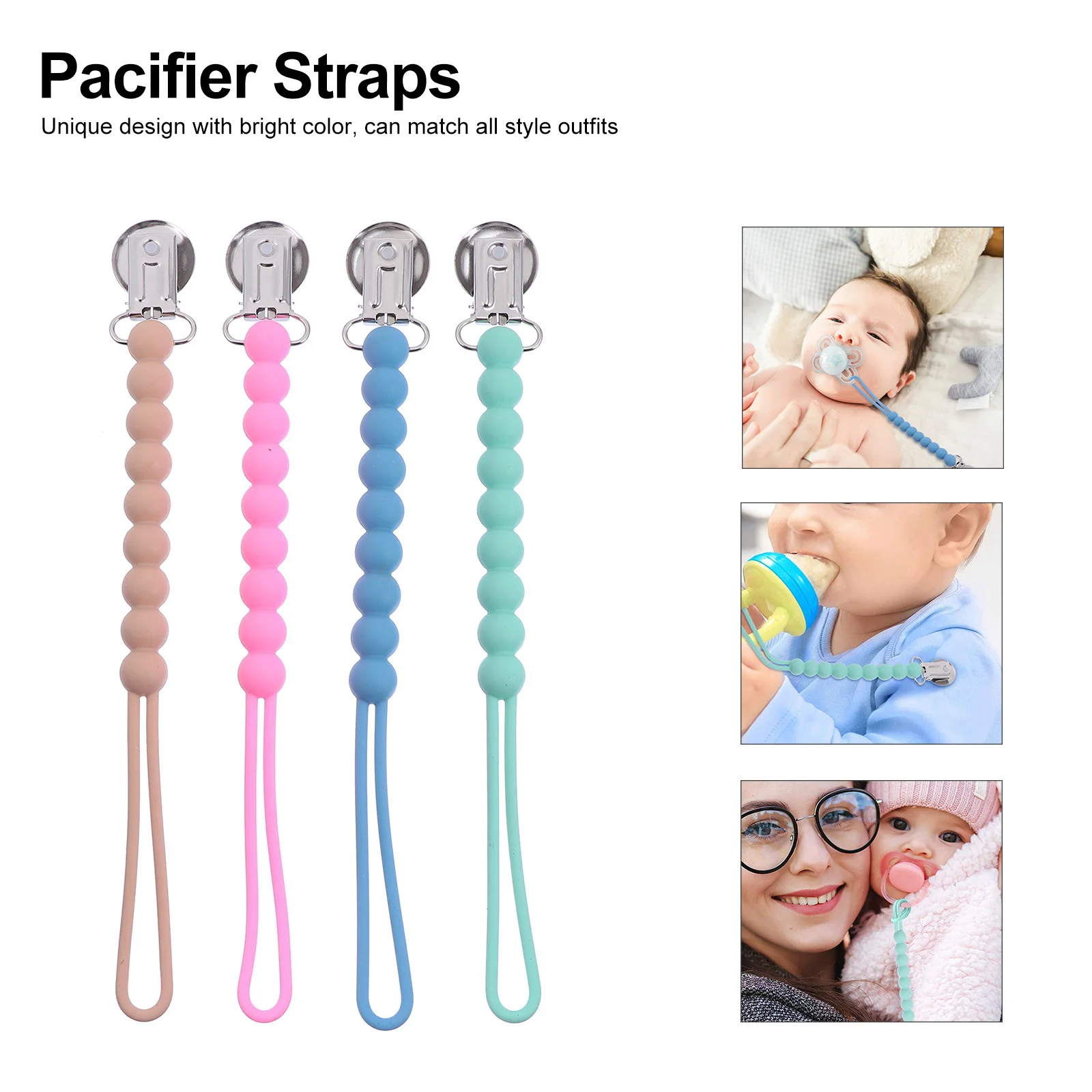 

Набор из 4 силиконовых держателей для пустышек и прорезывателей: гибкий ремешок, прочный зажим для сохранения чистоты аксессуаров, клипса для пустышки, держатель для прорезывателя