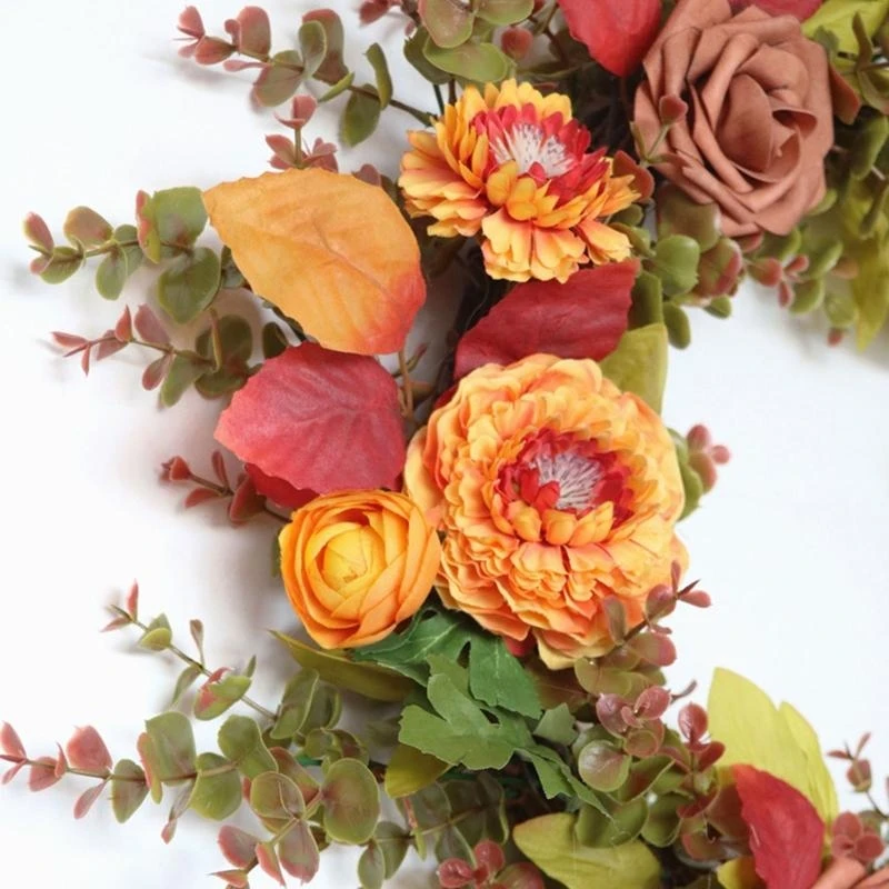 

Artificial Calendula Wreath Simulation Rose Leaves Garland Pendant Decor for Thanksgiving Farmhouse Autumn Fall Front Door 15UB