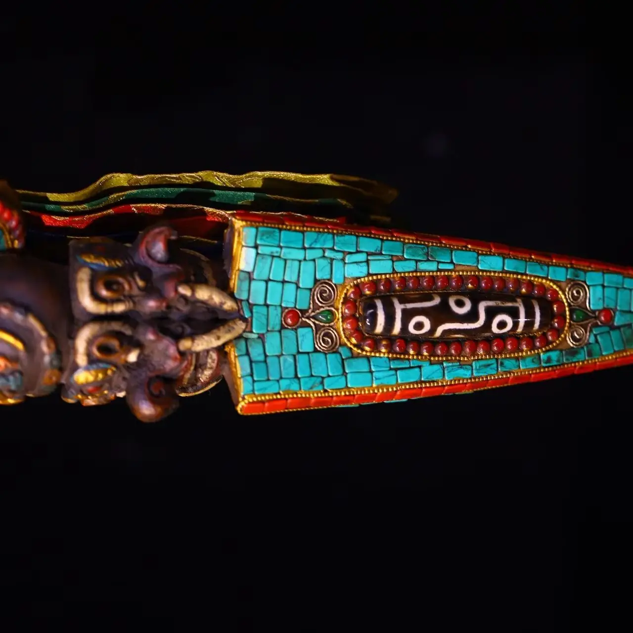 Old Yak bone Painted Mosaic Gem gZi Beads Turquoise Puma Vajrayana Buddha Vajra Phurpa Amulet