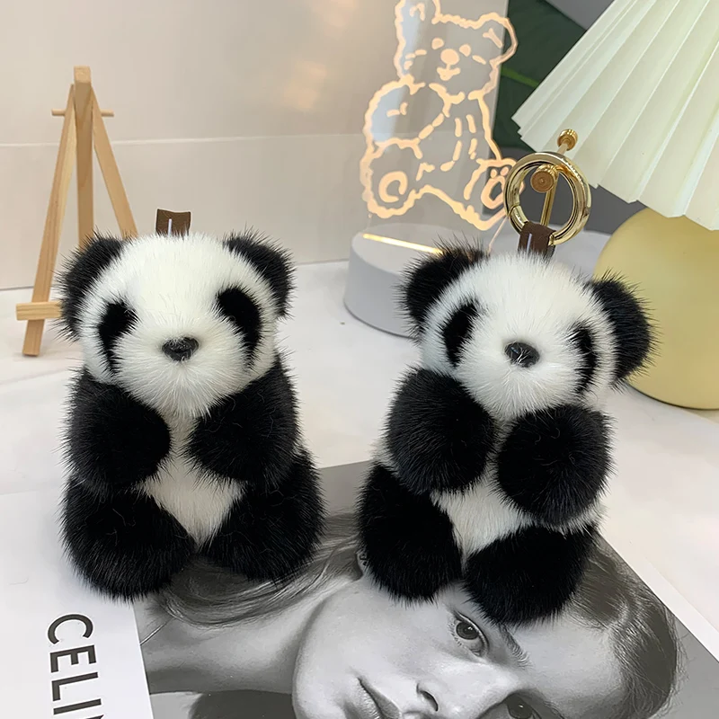 Cute Plush Panda Real Mink Fur Keychain Pendant Kids Toy Women Bag Charm Rear View Mirror Ornaments Trinkets Car Metal Key Rings