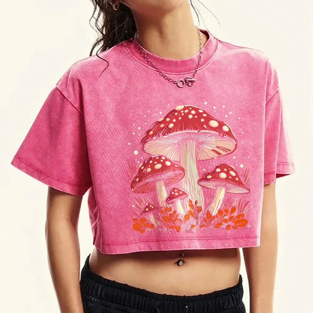 Women\'s Cotton Crop Tops Trend O-Neck Distressed Washed T-Shirts Red Mushroom Personality Graphic Printed Tees Street Clothes