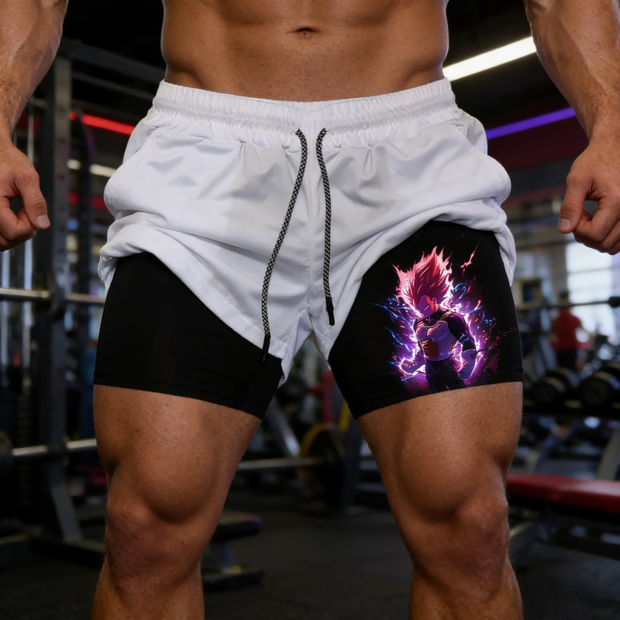 2026 Sommer Retro Dragon Ball Super 2-in-1 Doppellagige Gym-Shorts, Übergroße Herren Vegeta Workout Unisex Casual Streetwear Y2k