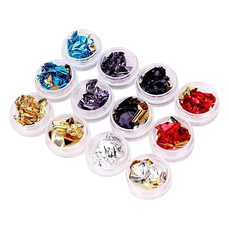 12 Kolorów Złote Srebrne Płatki Foliowe Dekoracyjne do Zdobienia Paznokci, Wypełnień Form z Żywicy, Tworzenia Biżuterii i Rękodzieła