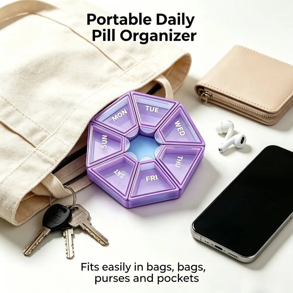 7‑Day Weekly Pill Box, Portable Round 7 Compartments Medication Organizer, Daily Pill Case for Vitamin Capsule Medicine Storage, Purple, 1 Pc