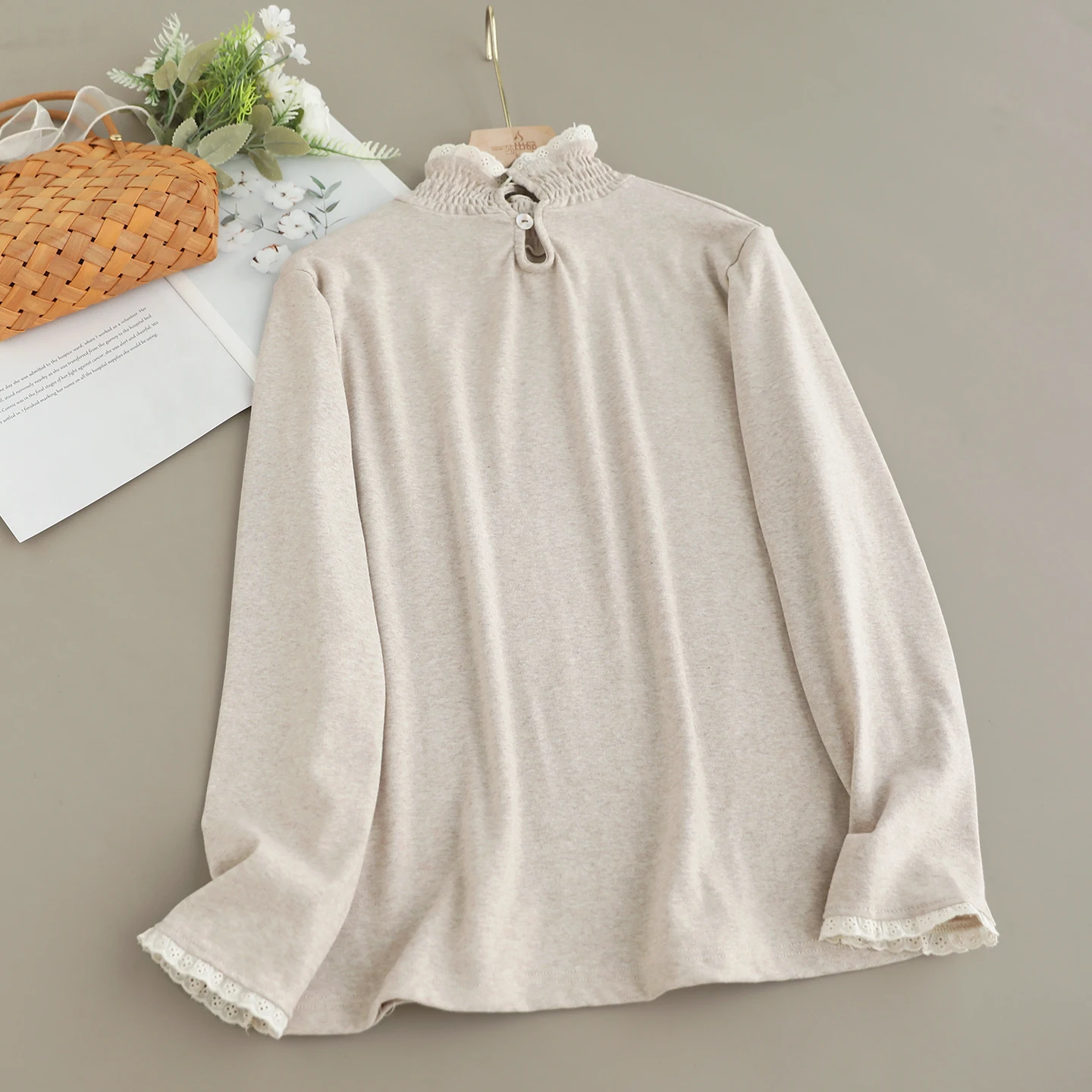 Japonês doce mori menina cor sólida camisetas de algodão feminino primavera outono gola alta manga longa casual solto pulôver camisas