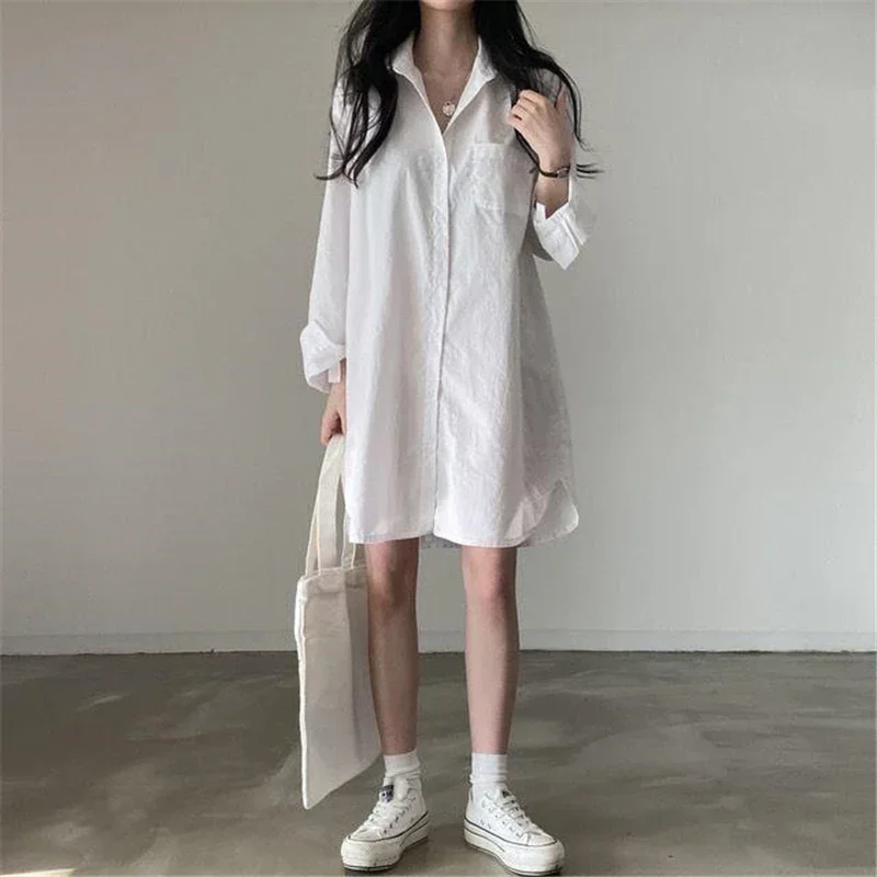 

Spring Autumn New White Pocket Oversize BF Shirt Mini Dress for Women Casual Long Sleeve Loose Simple Street Blouse Dresses zq83