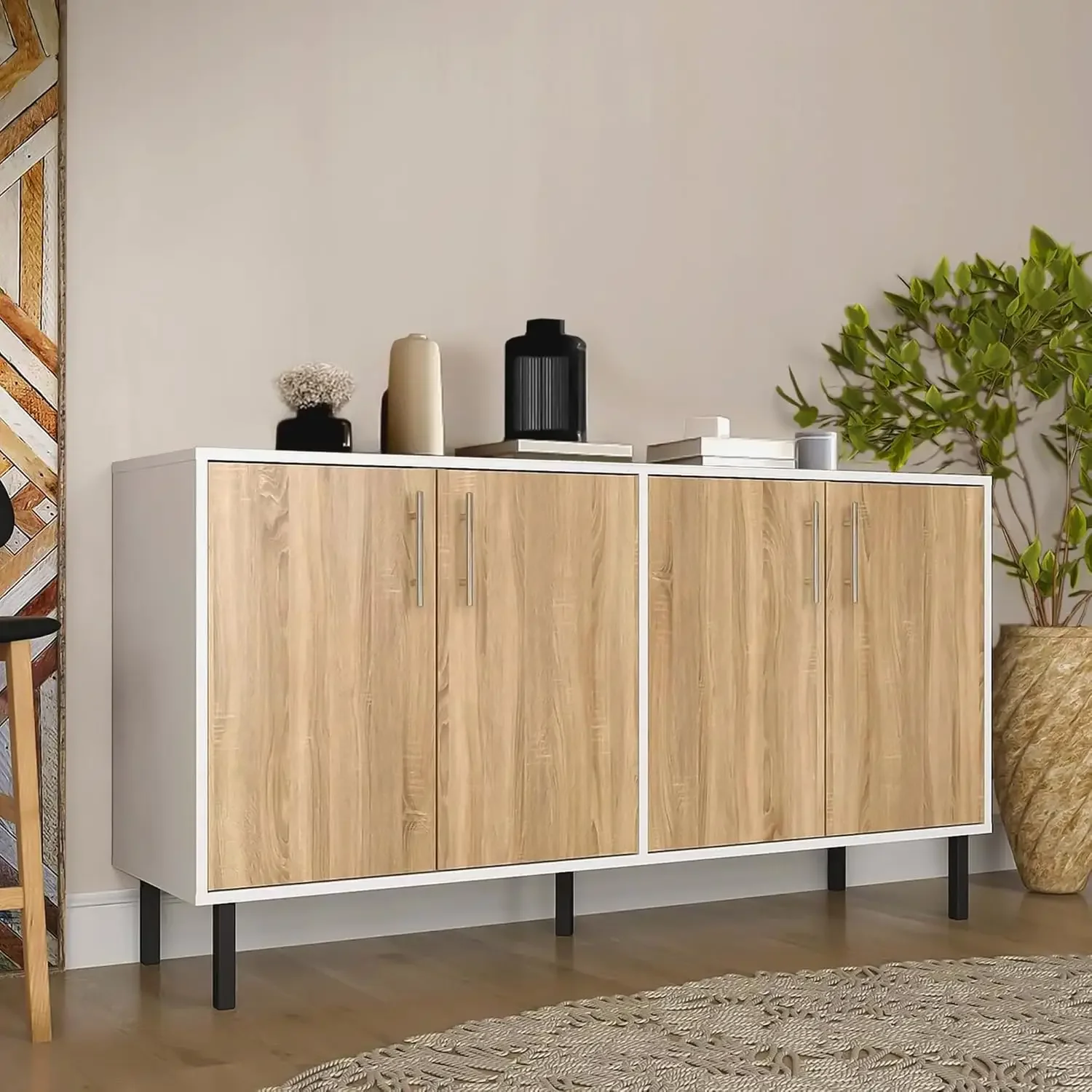 Wood Buffet Cabinet with storage, Sideboard Cabinet with 4 Doors, Credenza for Living Room, can be used in The Office, Kitchen