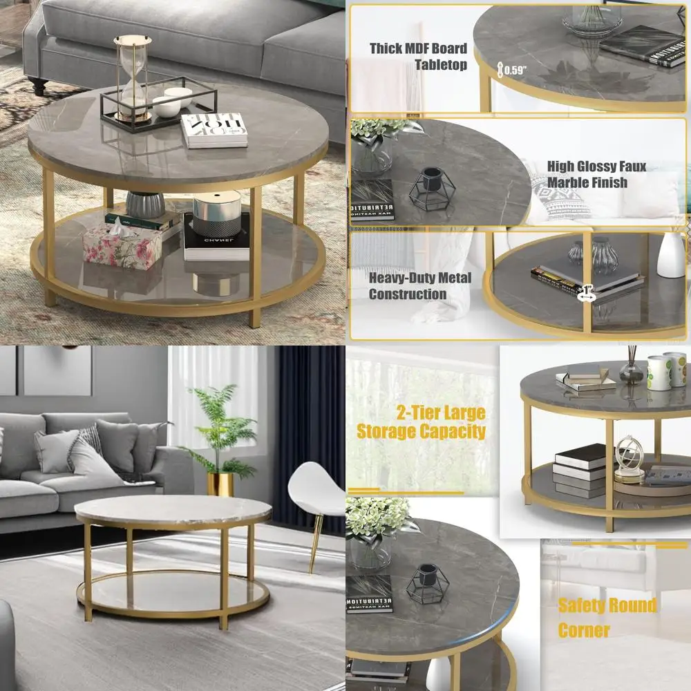 طاولة قهوة دائرية حديثة لغرفة المعيشة - سطح من الرخام الصناعي عالي اللمعان، قاعدة معدنية ذهبية قوية، قطر 33.5