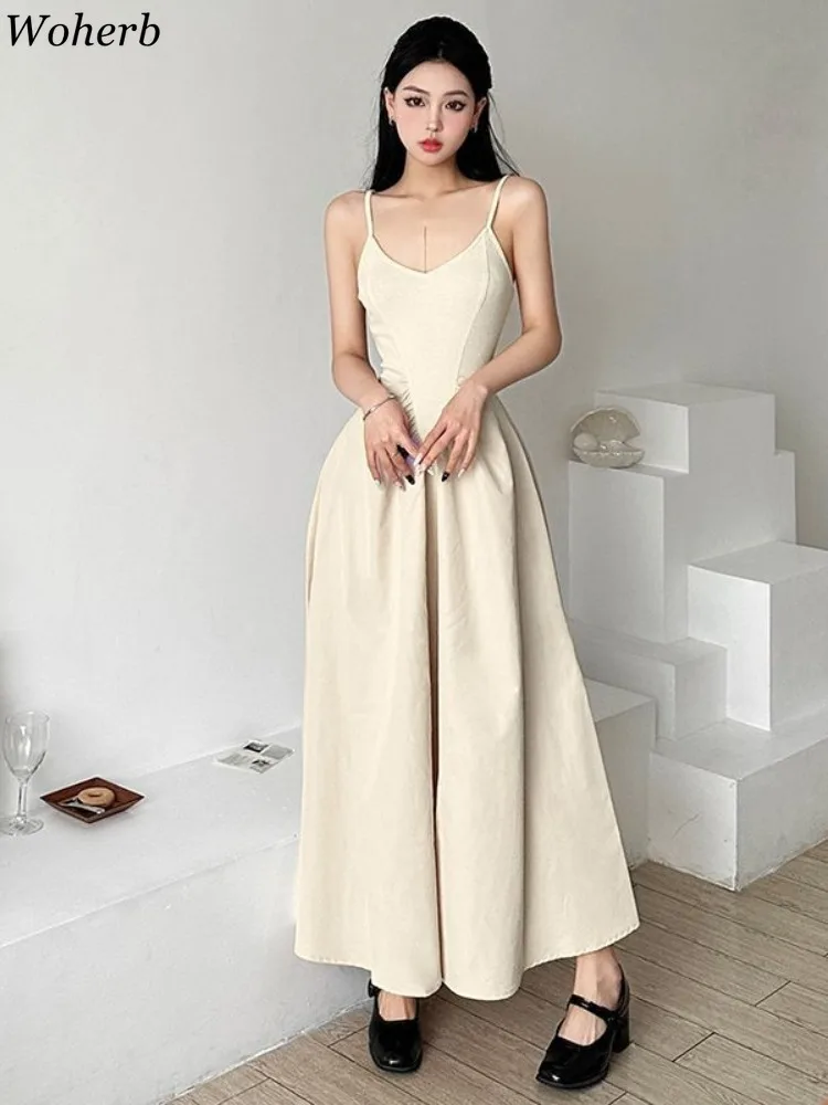 Y2k Summer Dress Women 2024 Vestidos De Mujer Fashion Pleated Solid Sweet Robe Femme Tunic Korean Sling Backless Maxi Dresses