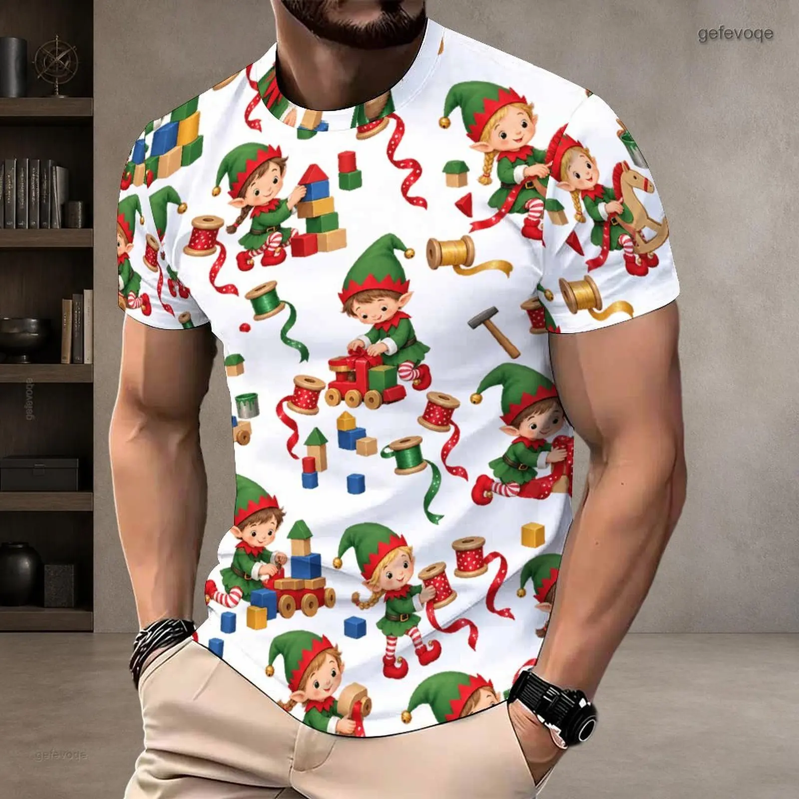 Men Round Neck Short Sleeve T-Shirt, Printed Cute Christmas Elf Toy Pattern White Pullover Top