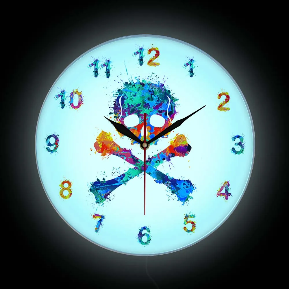 Watercolor Skull And Crossbones Modern Design Print Wall CLock Skeleton Halloween Home Decor Watch LED Lighted Clock For Bedroom