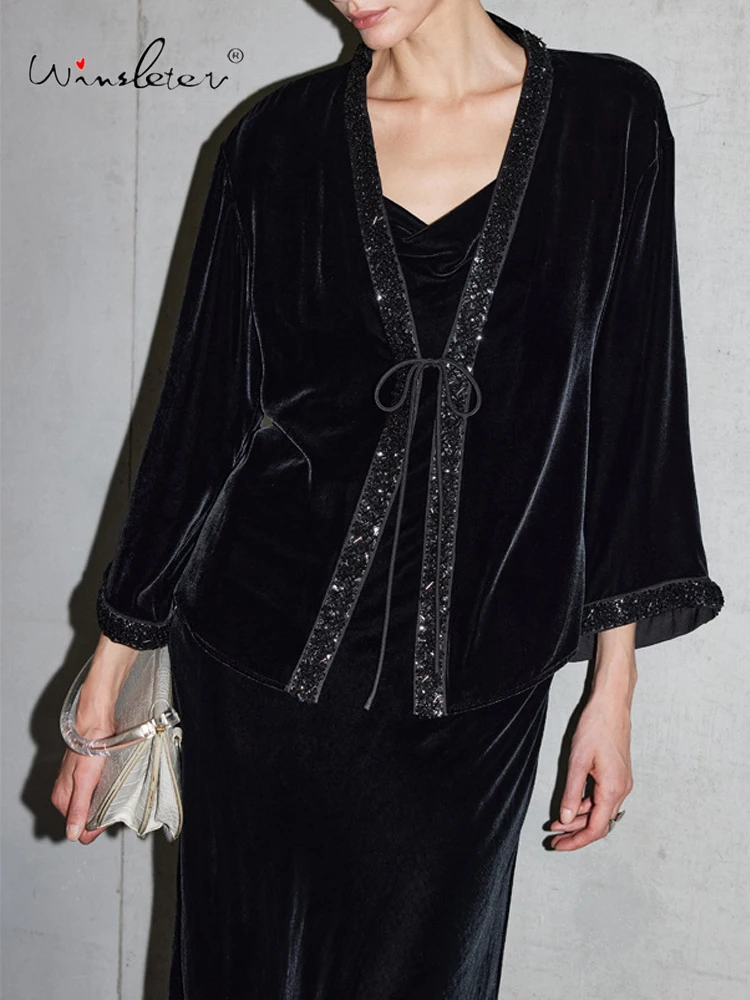 Winsleter-Bottom 100%Real Silk Elegant Velvet Coat, V Neck Beading, Women Retro Temperament Commute Coat, 2026 Spring C61906CC