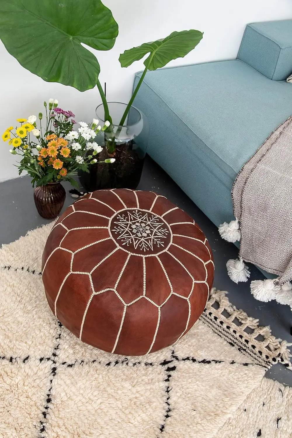 Premium Moroccan Leather Pouf - Handmade - Delivered Stuffed - Ottoman, Footstool, Floor Cushion (Honey Cognac)