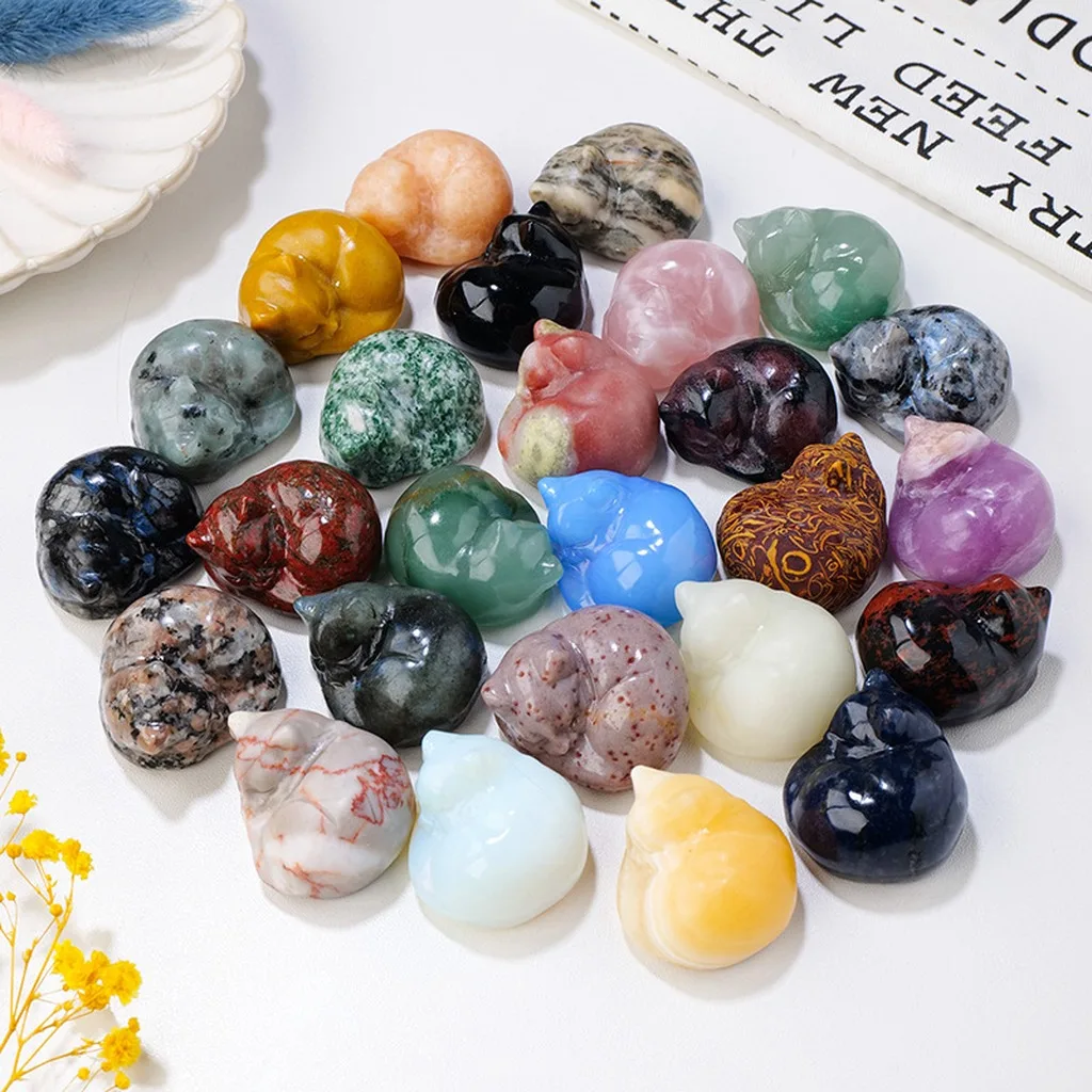 Hand Carved Natural Crystal Sleeping Cat Figurine, Mini Semi-precious Stone Animal Sculpture for Home Office Desktop Decor