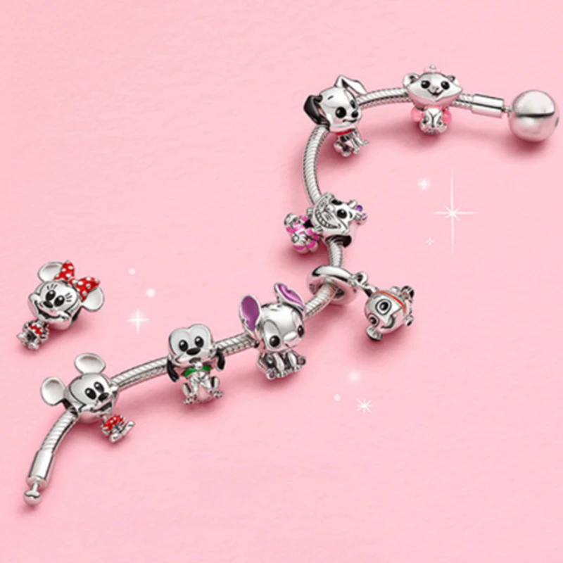 Fit Original Pan Minnie Mickey Mouse Charms Bracelet For Women Disney Anime Stitch Pluto Cheshire Marie Cat Beads Pulsera Bijoux