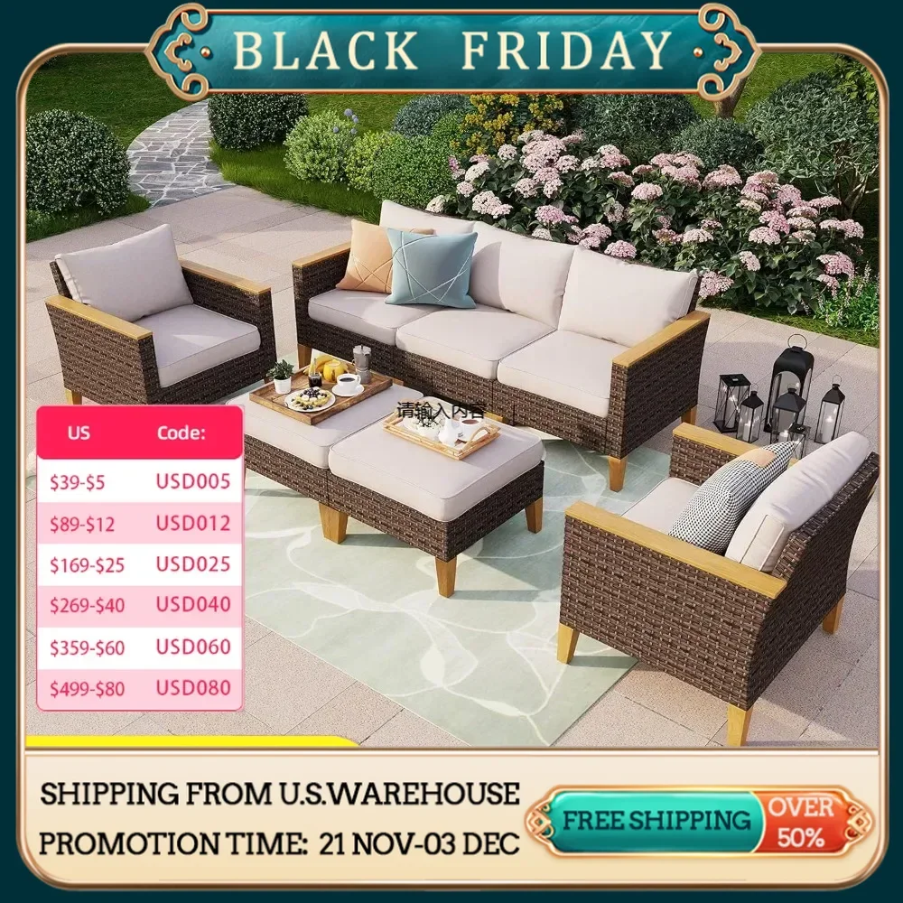 7-piece wicker patio set with upholstery 2 x armchairs, 2 x armchairs, outdoor rattan modular furniture patio set, beige