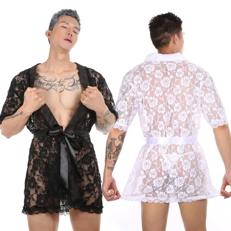 Herren Spitze Nachthemd sexy Dessous Perspektive Versuchung Nachtwäsche Roben männliche Pyjamas Bademantel Set transparente Tanga Nachtwäsche