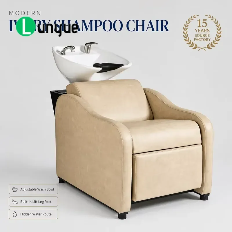 Adjustable Shampoo Chair with Tilted Backrest and Bowl Base Manual Hair Washing Station for Ivory Scissor Leg Rest