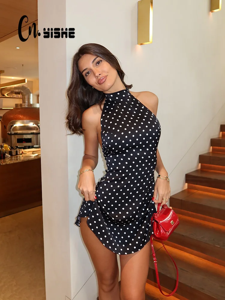 

CNYISHE Dot Prints Halter Backless Sleeveless Elegant Party Outfits Women Dresses Summer Sheath Fashion Female Bodycon Trendy