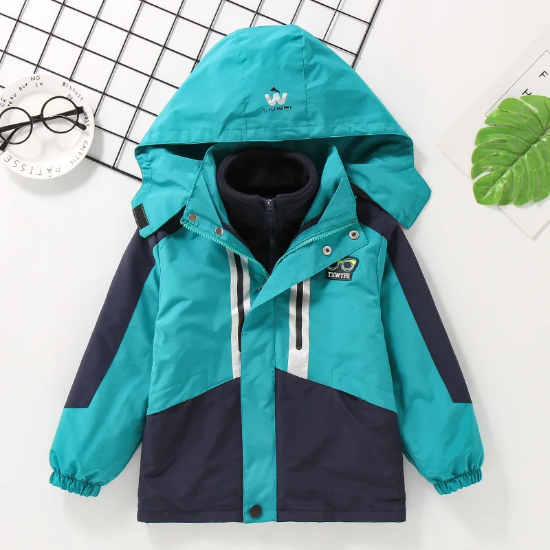 Boys' assault jacket, three in one detachable autumn and winter outfit, new children's thick color blocked windbreaker jacket