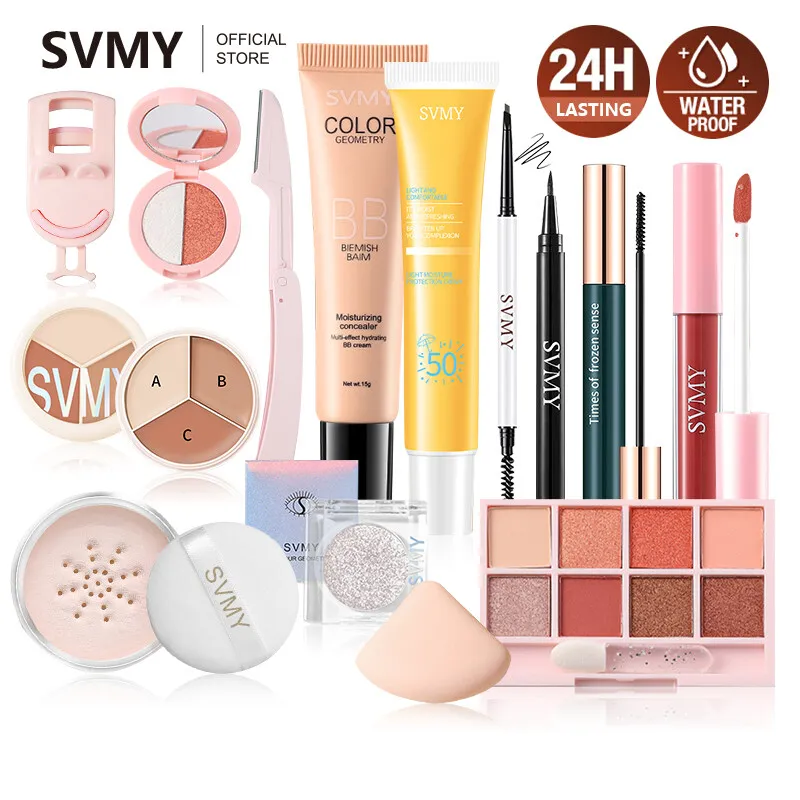 SVMY Face Makeup Set 14Pcs BB Cream Eyeliner Eyebrow pencil Eye shadow Mascara Lipstick Protective cream Loose powder Concealer