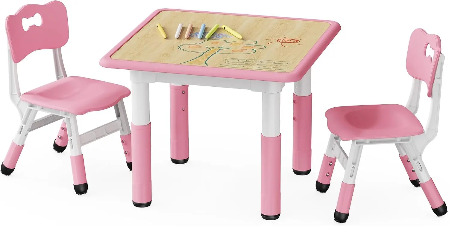 Height Adjustable Toddler Table and 2 Chairs Set, Pink