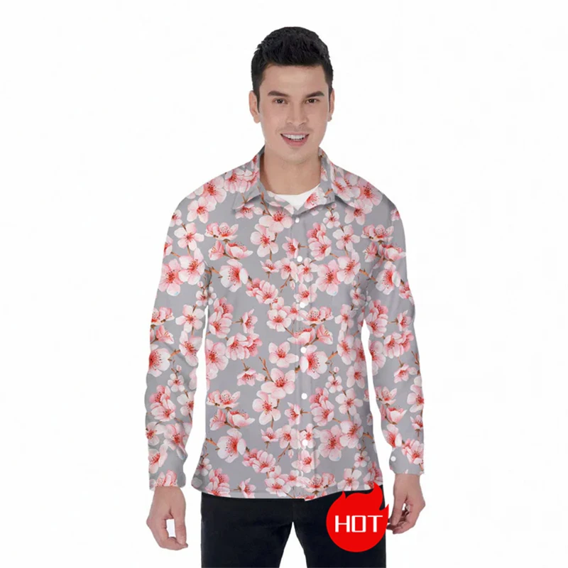 Camisas unissex de manga comprida masculina e feminina, roupa gráfica Cherry Blossoms, blusa lapela, blusa casual, roupa de rua masculina Harajuku, bo