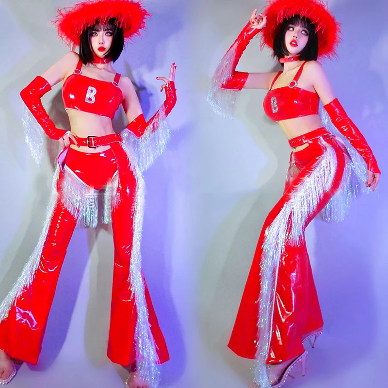 

Sexy Jazz Dance Clothing Red Feather Hat Patent Leather Fringed Flare Pants Women Gogo Dance Costume Stage Rave Outfit XS6419