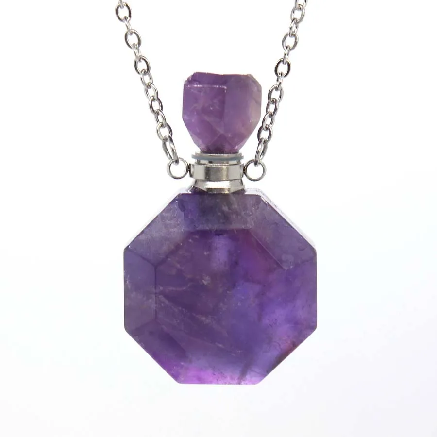 Charms Natural Healing Crystal Octagon Stone Perfume Diffuser Pendant Necklace For Women Amethyst Rose Quartz Choice Men Jewelry