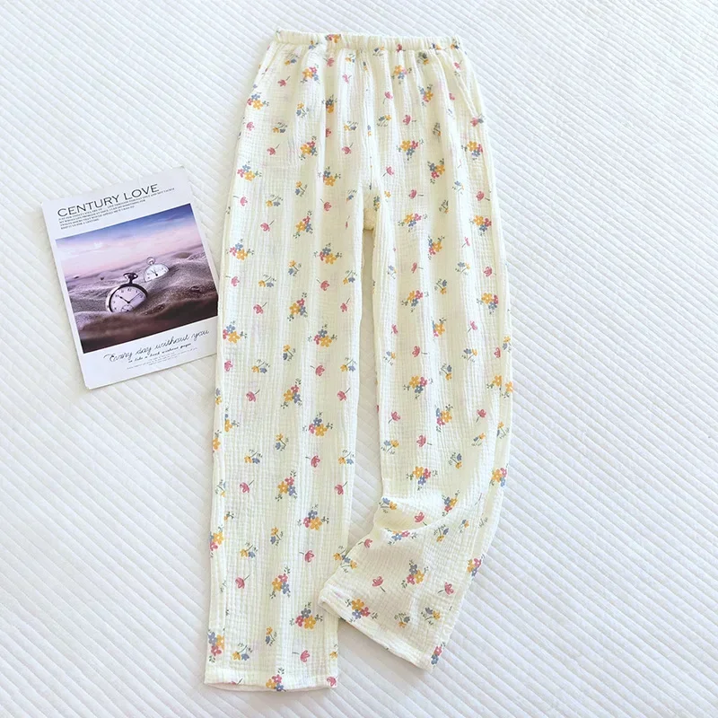 2025 New Women's Spring/Summer Pure Cotton Crepe Pants 100% Cotton Ladies Home Pants Large Flower Casual Thin Large Size Pants