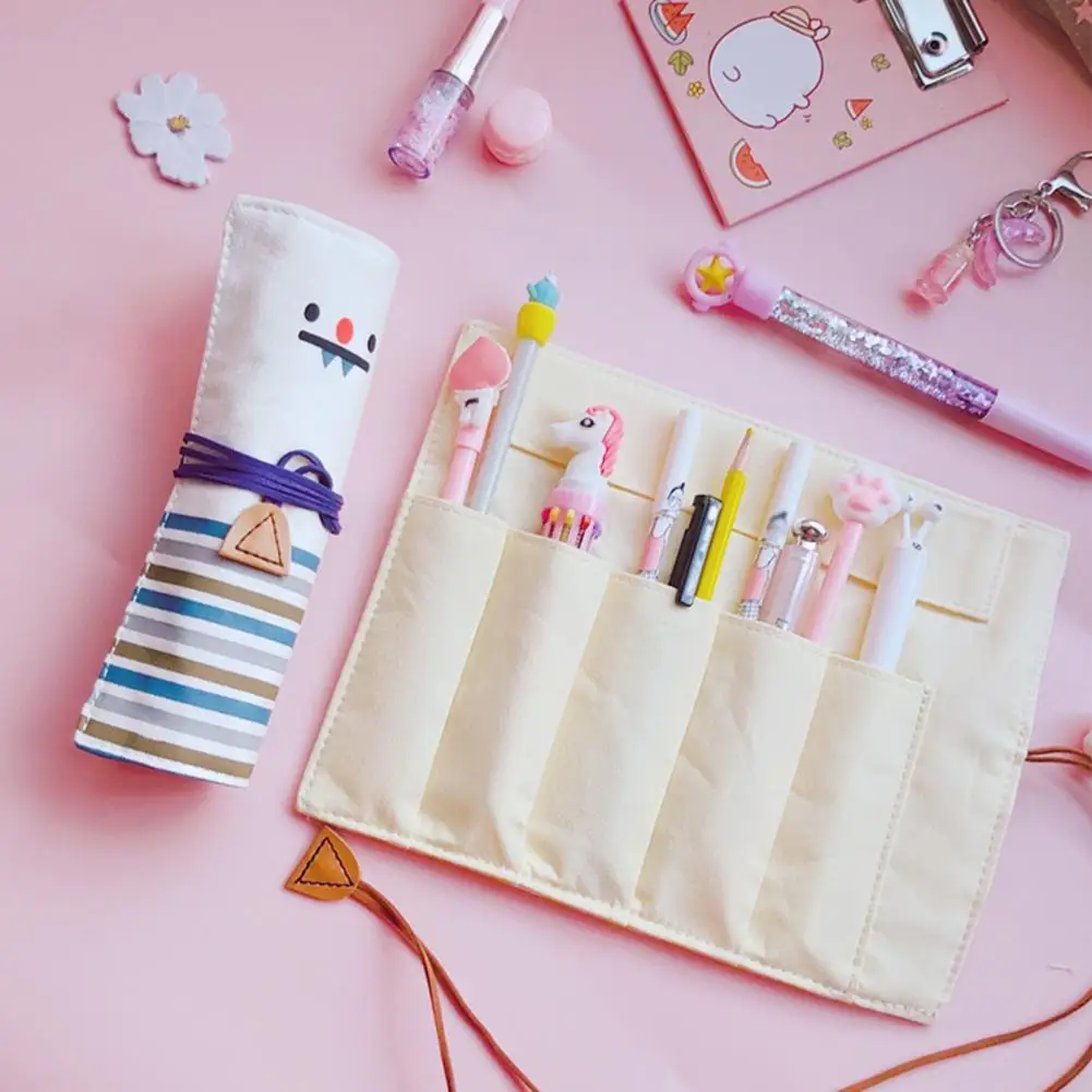 Roll Pen Bag Drawstring Design Funny Expression Portable Storage Pencil Roll Wrap For Stationery Roll Pouch For School Student