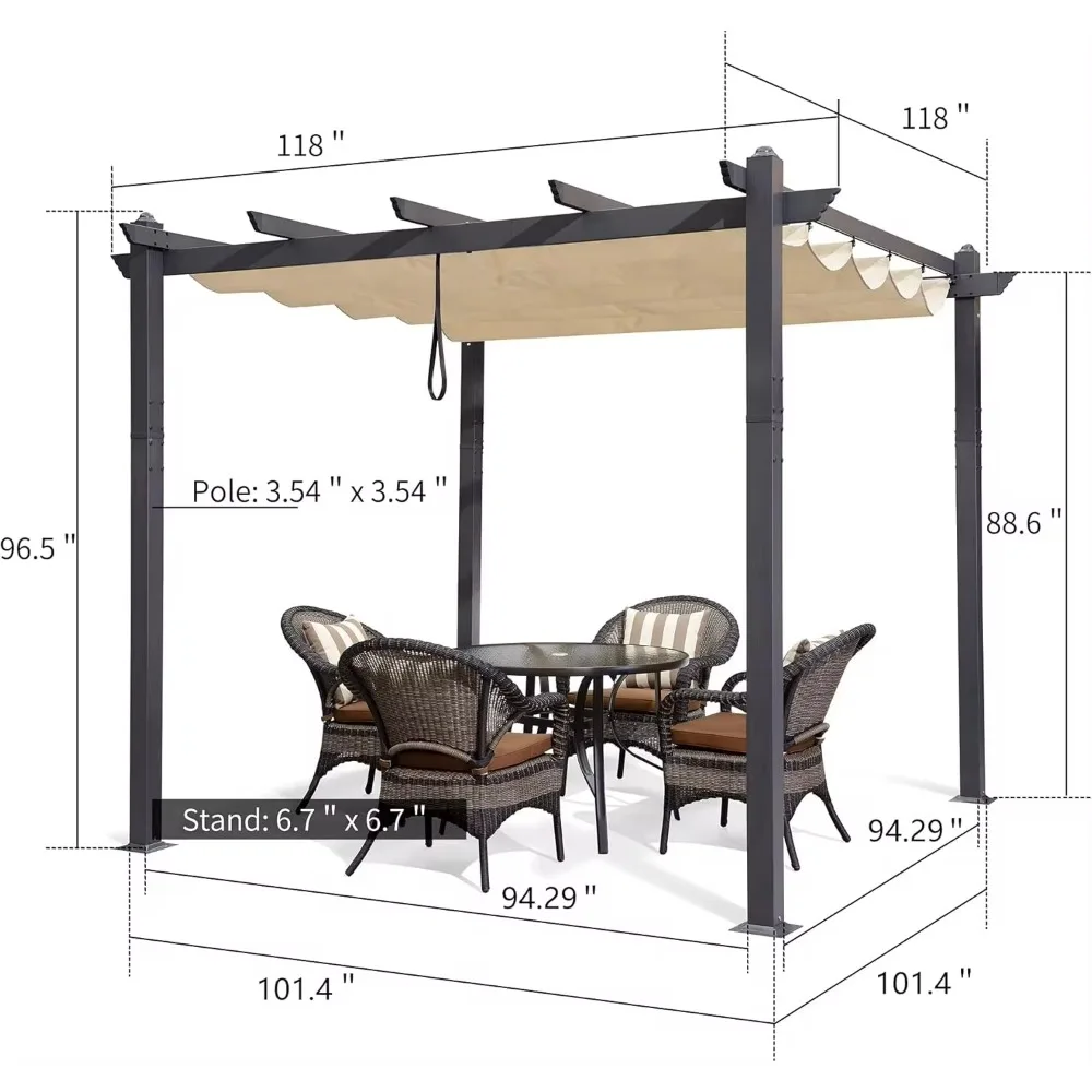 Pérgola retráctil para exteriores, toldo parasol para jardín, porche, playa, Pabellón, patio, enrejado de uva, pérgola, 10X10 pies