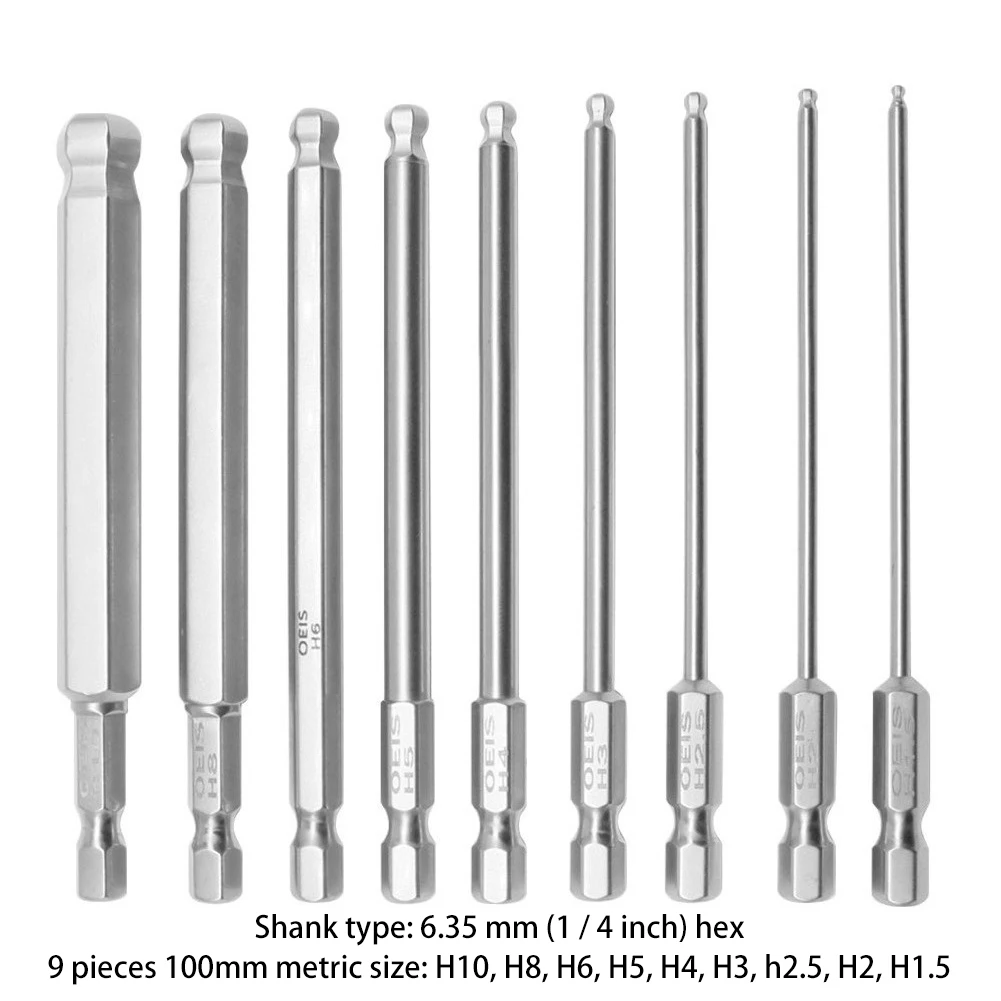 9pcs Magnetic Hex Head Allen Wrench Drill Bit Set Ball End Hex Screwdriver Bits Set 1/4 Inch Hex-Shank Ball Head Driver Bit