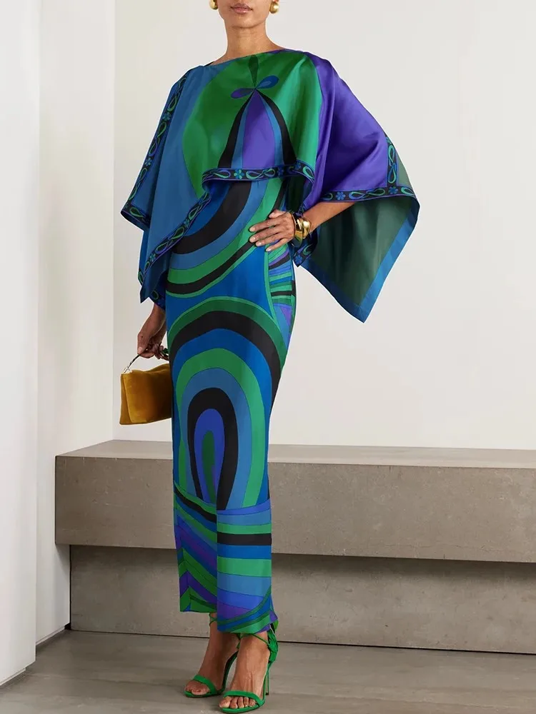 

Spring Summer Fashion Geometric Print Silk Elegant Long Dress Suit Women's Batwing Sleeve Tops+Spaghetti Strap Pencil Long Dress