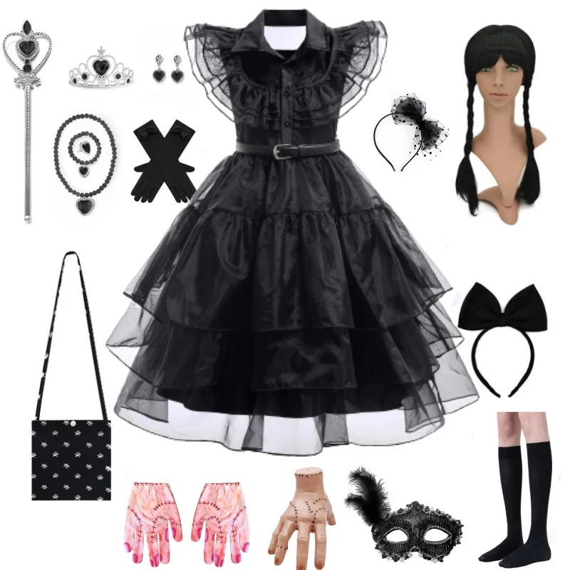 

Movie Wednesday Addams Costume for Girls 3-12 Years Gothic Winds Wednesday Cosplay Costume for Kids Halloween Party Dress