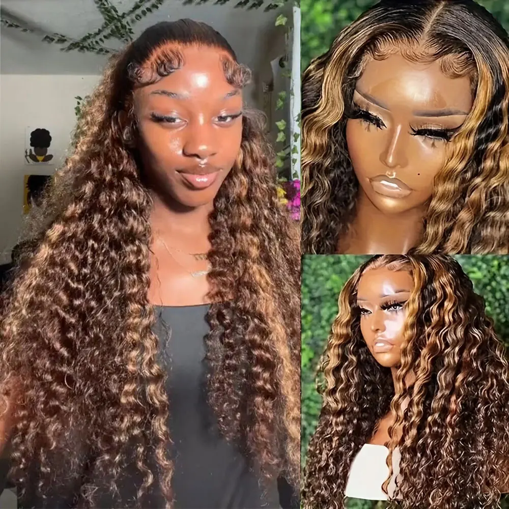 Curly Orange Ginger Highlight Human Hair Wig Lace Frontal Deep Water Wave 13x4 Lace #350 P4/27 Colored Wigs For Women Brazilian